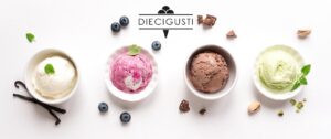 Diecigusti logo and photos of four different flavours of ice cream in small bowls with fresh ingredients scattered around them